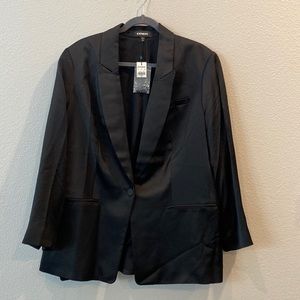 Black Satin Peak Lapel One Button Boyfriend Blazer